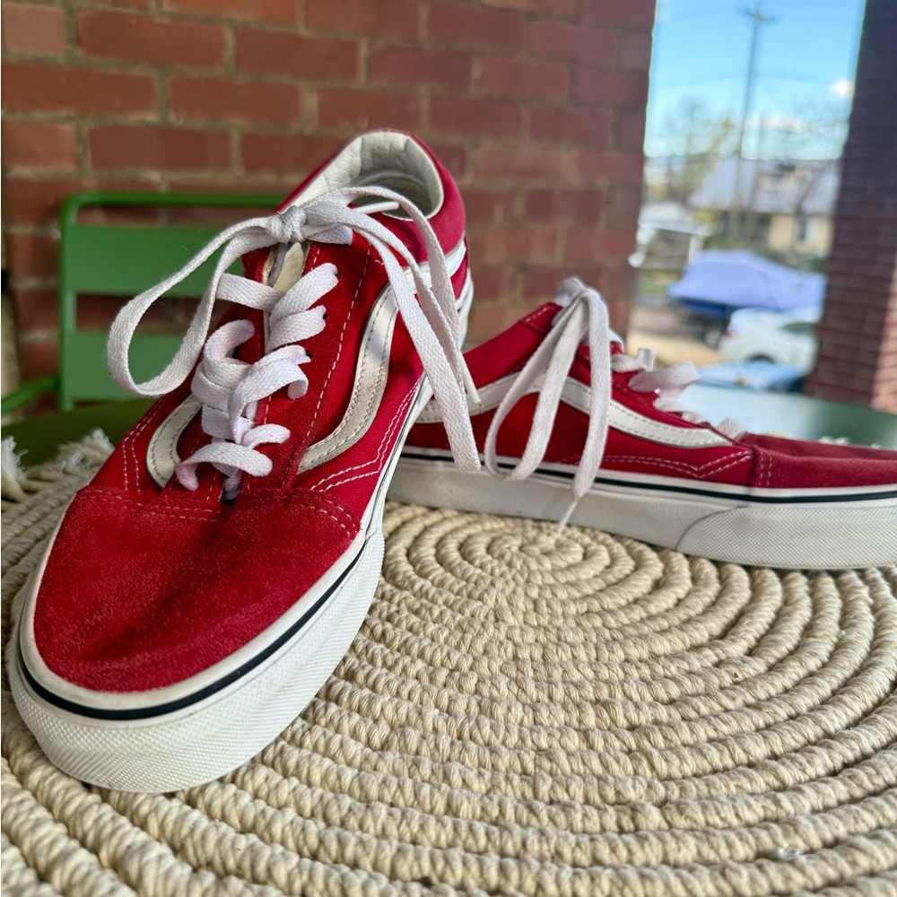 Red suede and canvas vans size 6M/7.5W